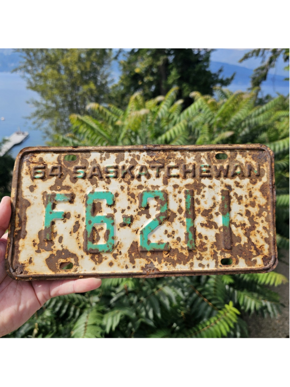1964 FARM Vintage Saskatchewan License Plate F6-211 Green White Rusty